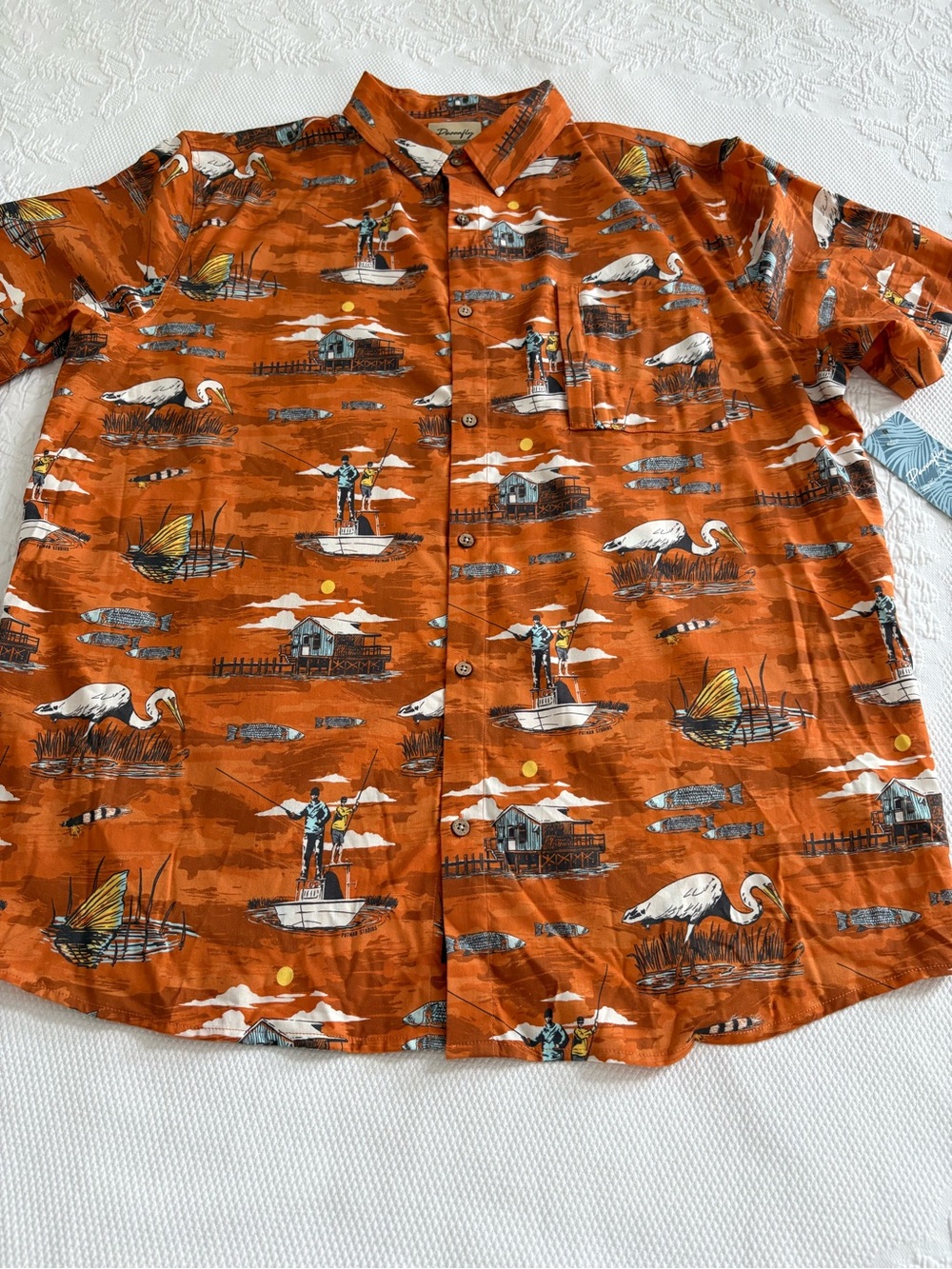 NWT Pescafly fly fishing shirt novelty print short sleeve button down size XL